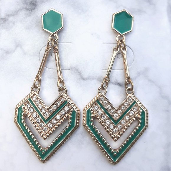 Jewelry - Green and Gold Rhinestone Dangle Earrings